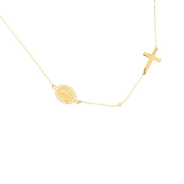 Kette Kreuz und Mutter Maria mit Zirkonia 585 Gold E11544