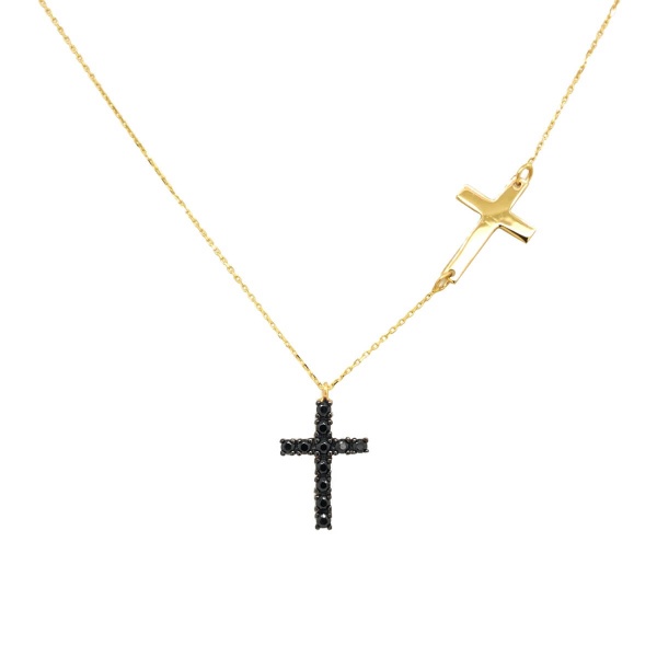 E11543 Kette doppeltes Kreuz Anhänger und Zirkonia 585 Gold frontal