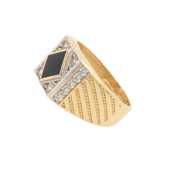 Herrenring 585 Gold mit Zirkonia und Onyx Steinen MIL15215