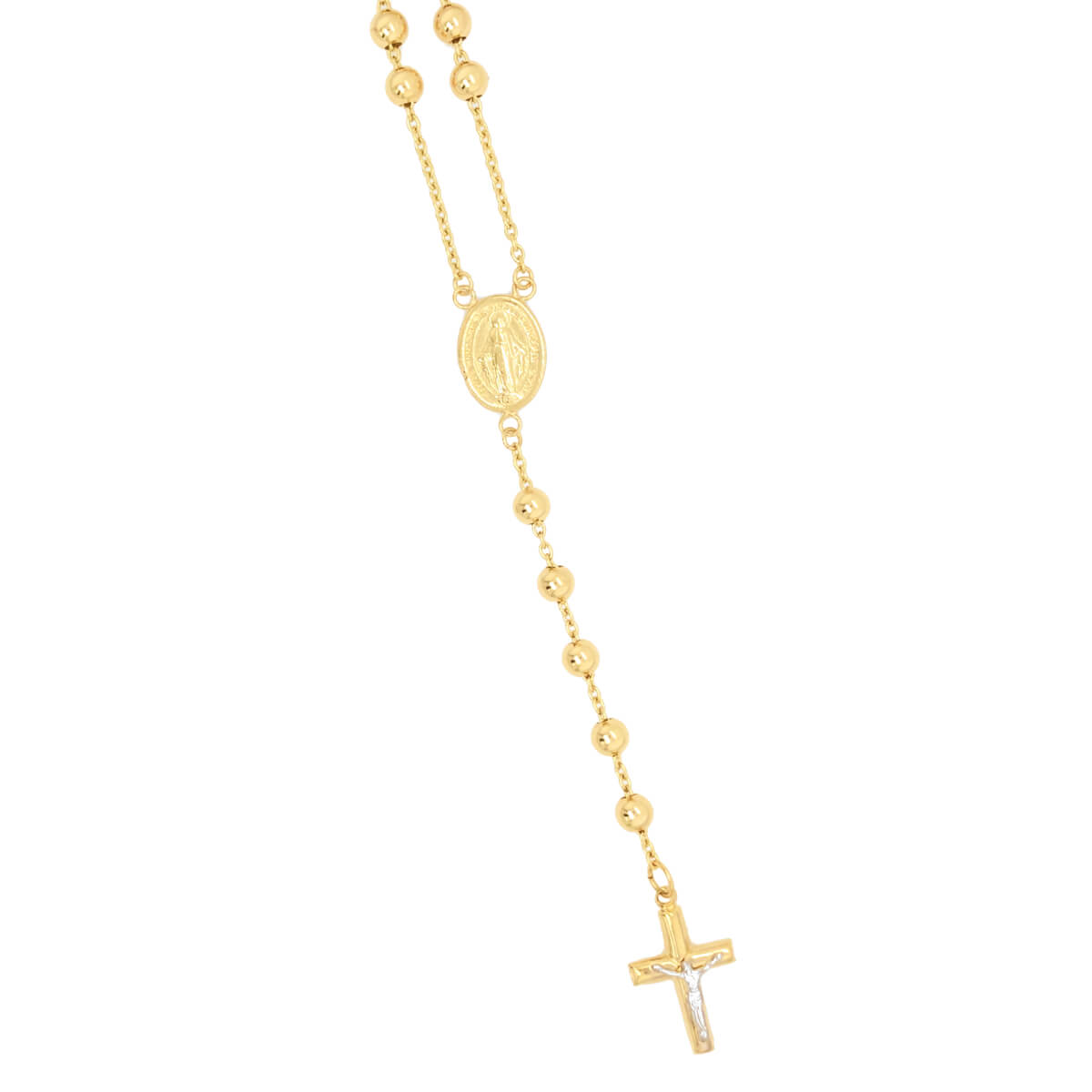 Rosenkranz Kette mit Kreuz und heiliger Maria aus 585/- Gelbgold mit 30  facettierten Goldkugeln tricolor - Juwelier Haarhaus